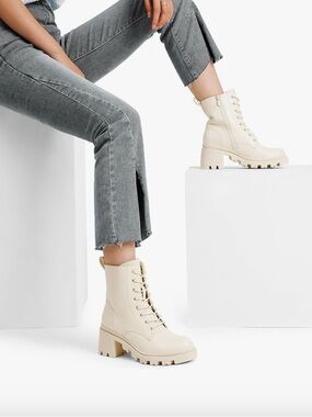 Qupid Lace-Up Chunky Heel Combat Boots - Cream in size 7